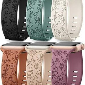 6 Pack Floral Engraved Bands Compatible with Apple Watch Band Silicone Flower
